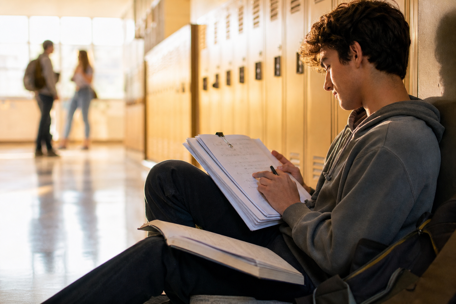 After school in a sunlit locker hallway, a relaxed senior student sits against the wall, seen from the side, reviewing three completed calculus pages clipped into a neat batch before opening a plain, logo-free solutions booklet beside the binder. One finger retraces a step while the pen rests. Shoot low and close with a 50mm lens; every marked page is at a steep raking angle and outside the shallow focal plane, making all writing unreadable.