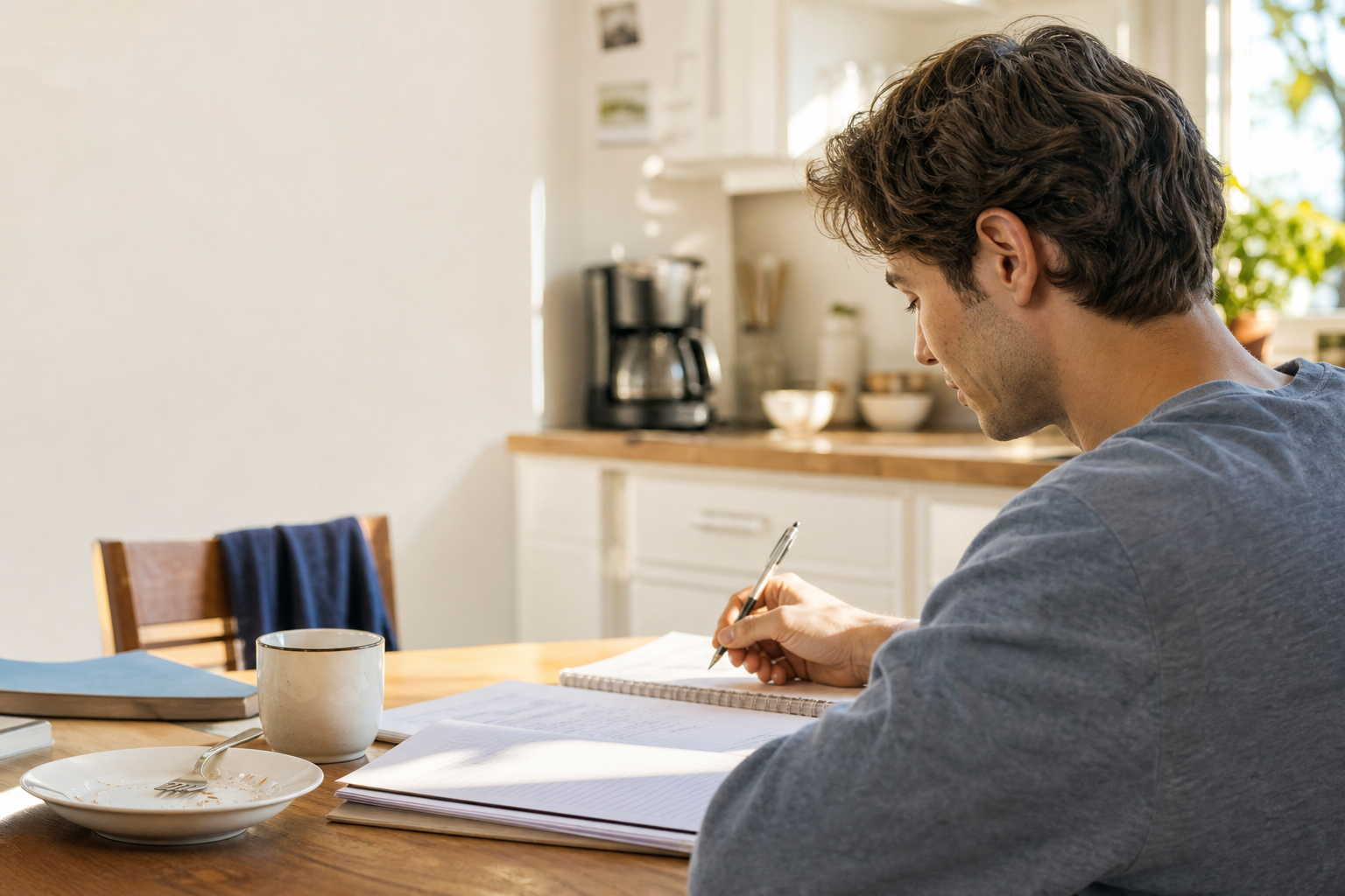 At 7 a.m. in a bright, lived-in kitchen, a university student sits side-on at the table, calmly reviewing a neatly structured practice solution beside a small familiar mug of coffee and finished breakfast plate; the coffee pot remains across the room. An over-the-shoulder, medium-close 50mm frame focuses on the student’s hand checking one line. All notebook writing is unreadable at a steep raking angle within shallow depth of field; every object is unbranded.
