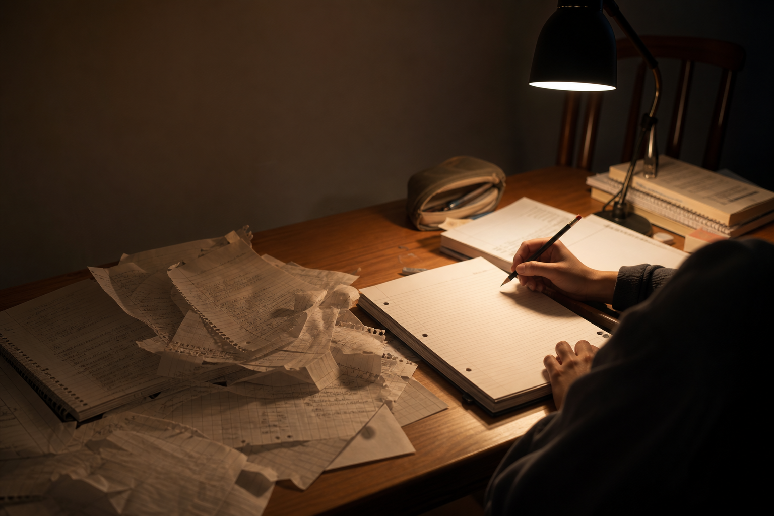 A student’s cluttered dining table late at night, with a lone desk lamp casting a soft pool of light over open, marked-up notebooks and scattered, well-used looseleaf pages—some stacked, some pushed aside with the corner curled and pencil smudges tracing repeated effort. Two distinct clusters emerge: on one side, chaos of torn and crumpled sheets covered in crossed-out equations, and on the other, a single fresh page placed neatly, pencil resting atop. The student is present only as a set of hands in frame, one poised over the fresh page. Every visible line of writing is either out of focus (shallow depth of field at f/1.8) or shot at an angle that makes detail indistinct.