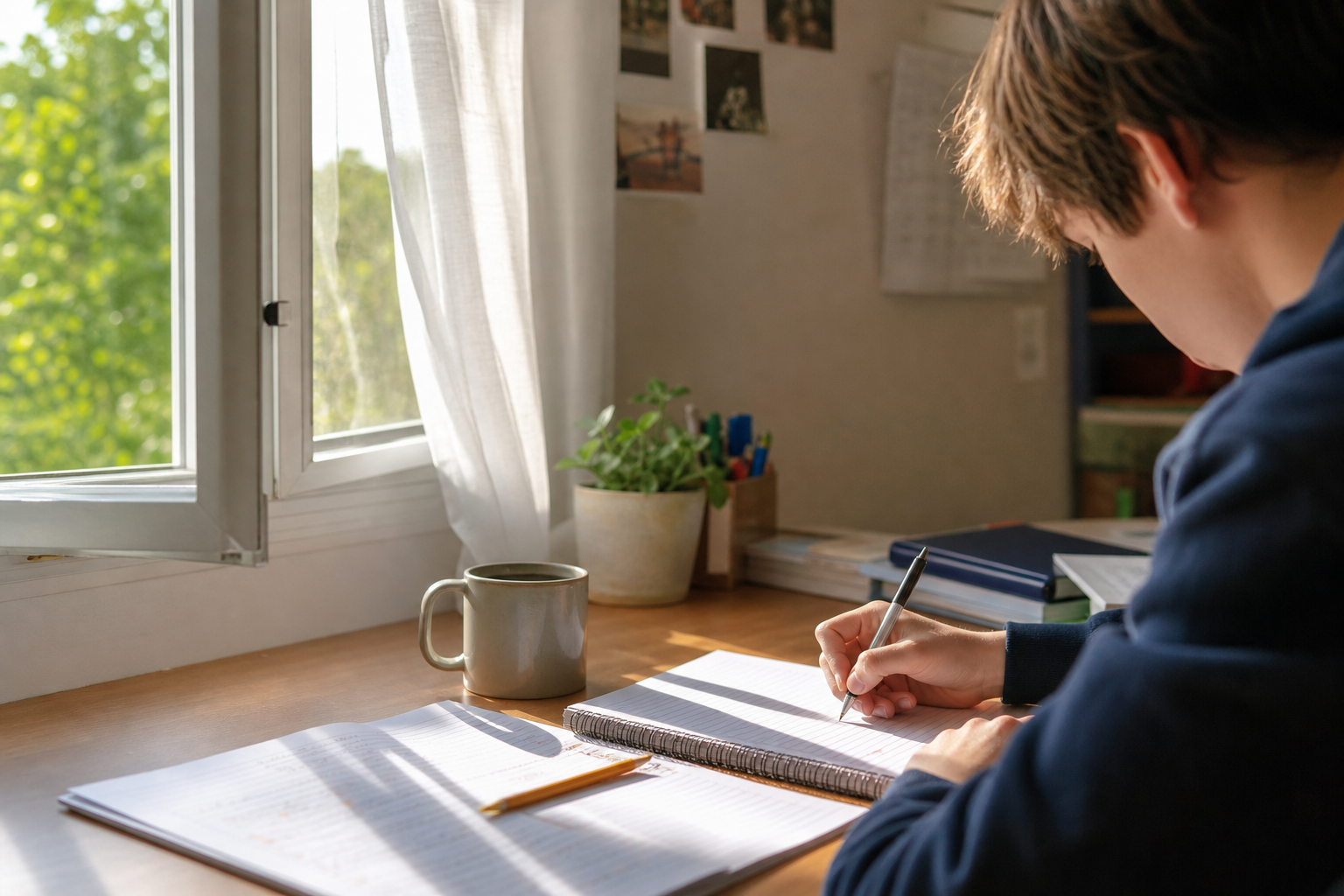 At a cared-for bedroom desk beside an open window in late-afternoon light, curtains shifting gently, a relaxed high-school student seen over one shoulder uses a commented-on homework sheet to redo a problem in a fresh notebook; a second practice page, pencil, mug, and small plant sit neatly nearby. Close, natural 50mm framing focuses on the moving hand; every marked or written page is at a steep raking angle and outside the shallow focal plane, making all writing unreadable.