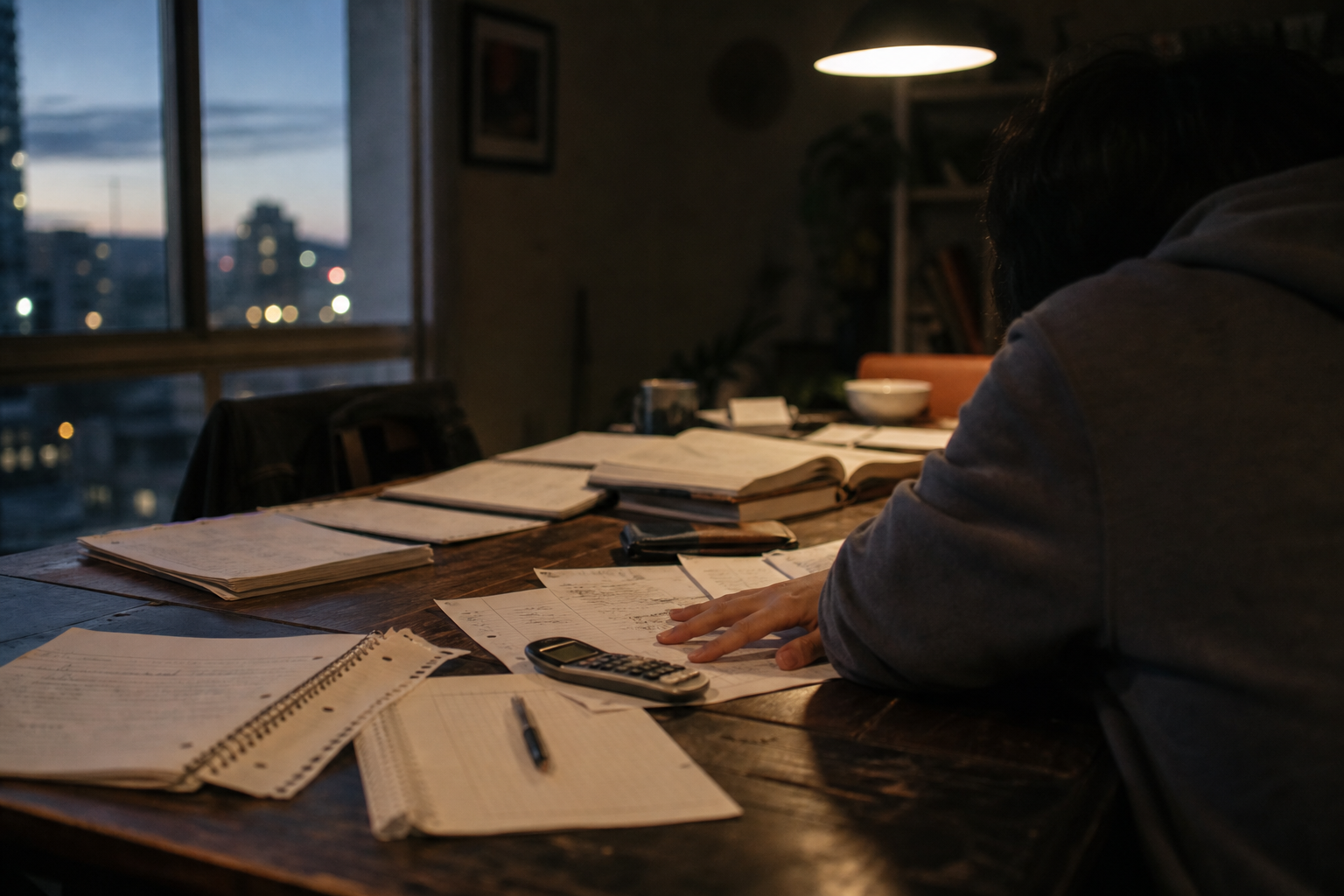 A kitchen table at dusk in a Vancouver apartment, its surface scattered with open and closed math notebooks, some with worn covers curling up at the corners and loose pages marked by the imprints of heavy erasing. Two printed homework sheets, dog-eared and partially overlapped, show unreadable lines and boxed answers, shielded by the spread fingers of a student's hand pressing down beside a calculator. The only student present is seen from behind, leaning forward with elbows braced and head out of frame, in the glow from an overhanging pendant lamp that spills warm light onto the paper chaos, while the edges of the room slip into shadow. Shot from the far end of the table at a low angle with a 50mm lens wide open, rendering the text on all pages and screens a blur of grayscale lines too soft to resolve.