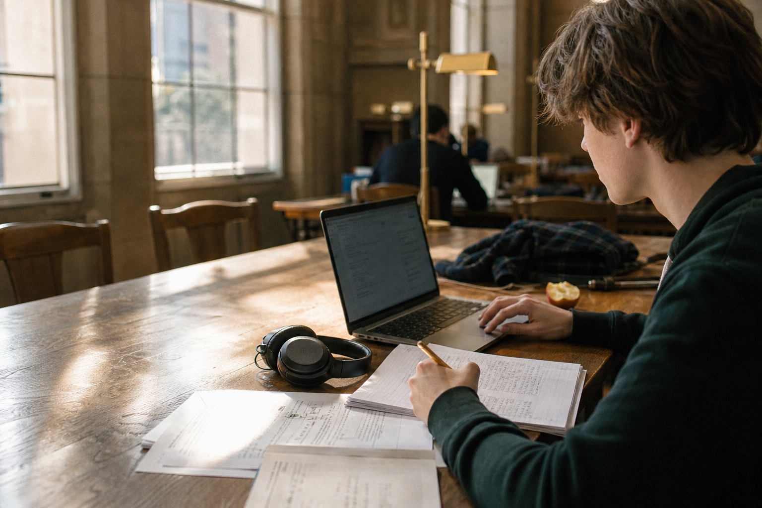 In a bright library reading room in mid-afternoon, an older teen sits side-on at a long oak table, one hand pausing an unbranded laptop and the other poised over a used notebook beside tidy worksheets, headphones, and a half-eaten apple. Tall-window daylight falls across the page. Shot close over the shoulder with a natural, shallow-focus lens; a steep raking angle and shallow depth of field keep all screen and paper writing unreadable.