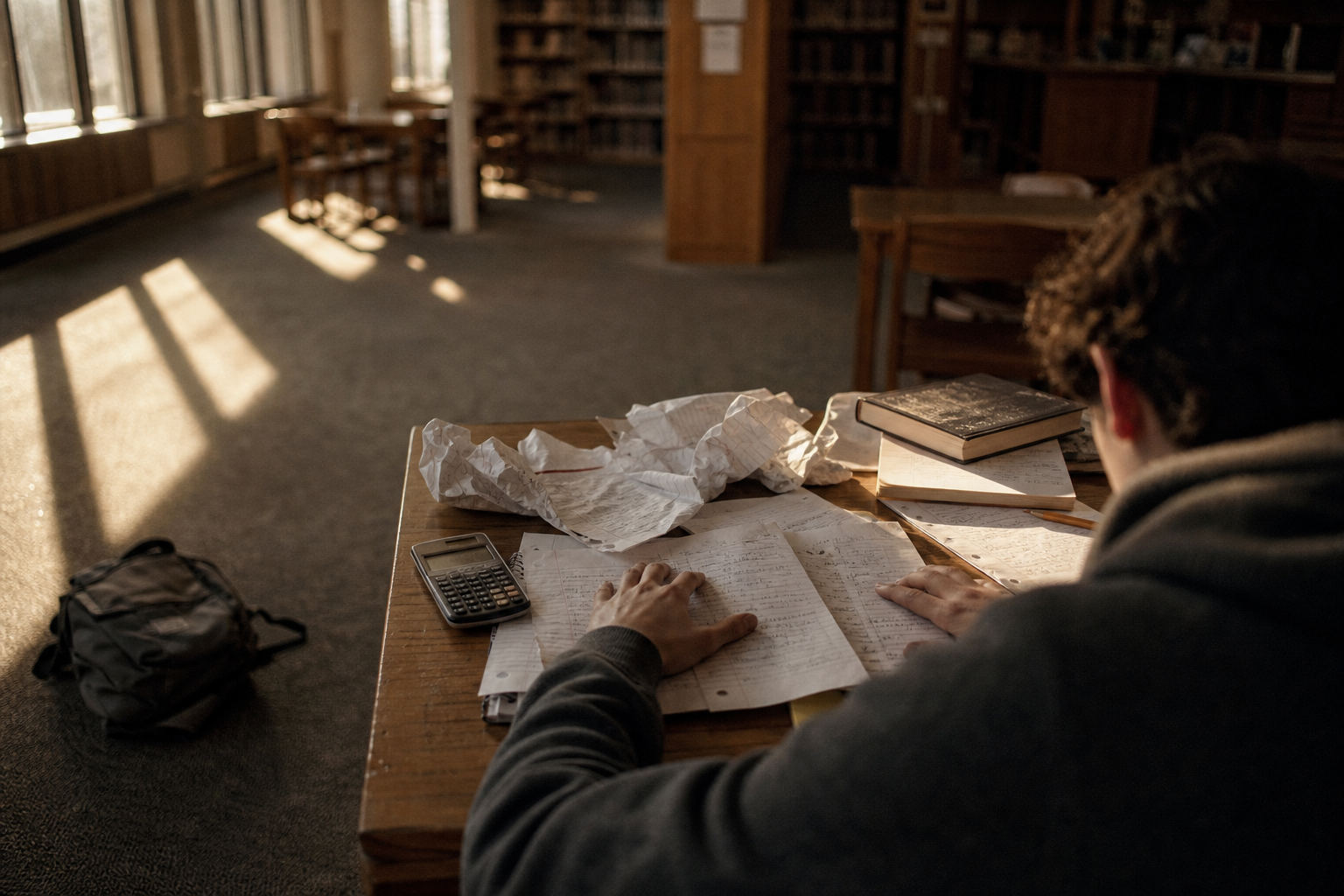 An undergraduate study room in late afternoon, lit by soft sunlight angling through tall library windows, casting long shadows across a cluttered table strewn with a jumble of crumpled, marked-up loose-leaf paper, a calculator with worn buttons, and a notebook half-covered by another sheet; a student—seen only from behind at the shoulders—sits hunched, arms draped over the table, hands flat on two open pages, with a worn backpack collapsed on the floor. The writing is kept unreadable by being out of focus and at raking angles, partially covered by crumpled paper and books.