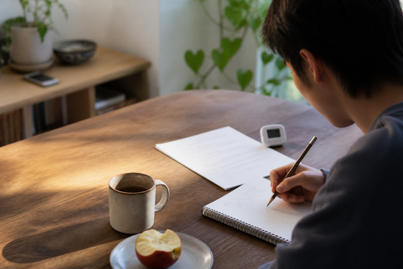 At a kitchen table in early evening, warm daylight falls across a university student seen from behind and slightly to the side, calmly beginning one calculus problem. An open notebook, a single assignment sheet, pencil, timer, mug, and half-eaten apple are neatly arranged; their phone rests out of reach on a distant shelf. Shoot close at table height with a natural 50mm lens; a steep raking angle and shallow depth of field keep all writing unreadable.