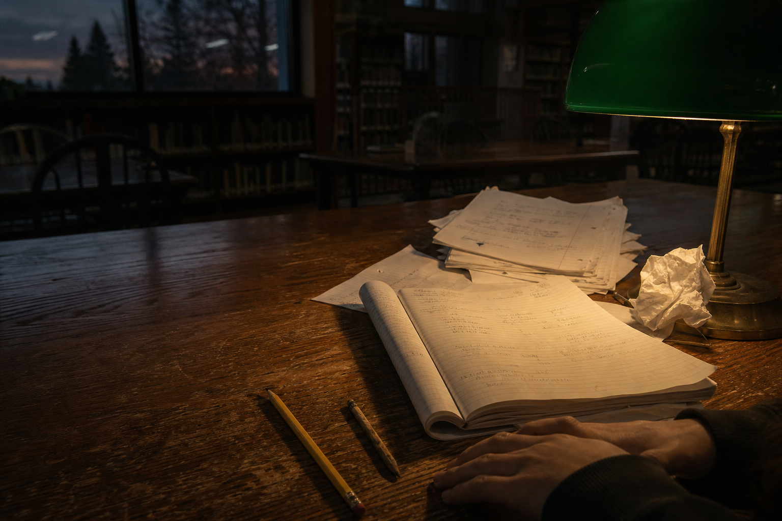 A quiet study nook in a school library at dusk, lit softly from a green desk lamp. On the battered wooden table: a pile of well-thumbed scratch paper with crossed-out integrals and margin notes, a single open notebook displaying a worked problem, and two pencils—one sharp, one gnawed down. A set of student hands, fingertips darkened with pencil dust, rests palm-down on the edge of the table, just out of frame of the notebook. Every page sits at a raking angle under the lamp, the writing indistinct or overlapped, with some sheets crumpled or partly tucked under the notebook, ensuring nothing is readable.