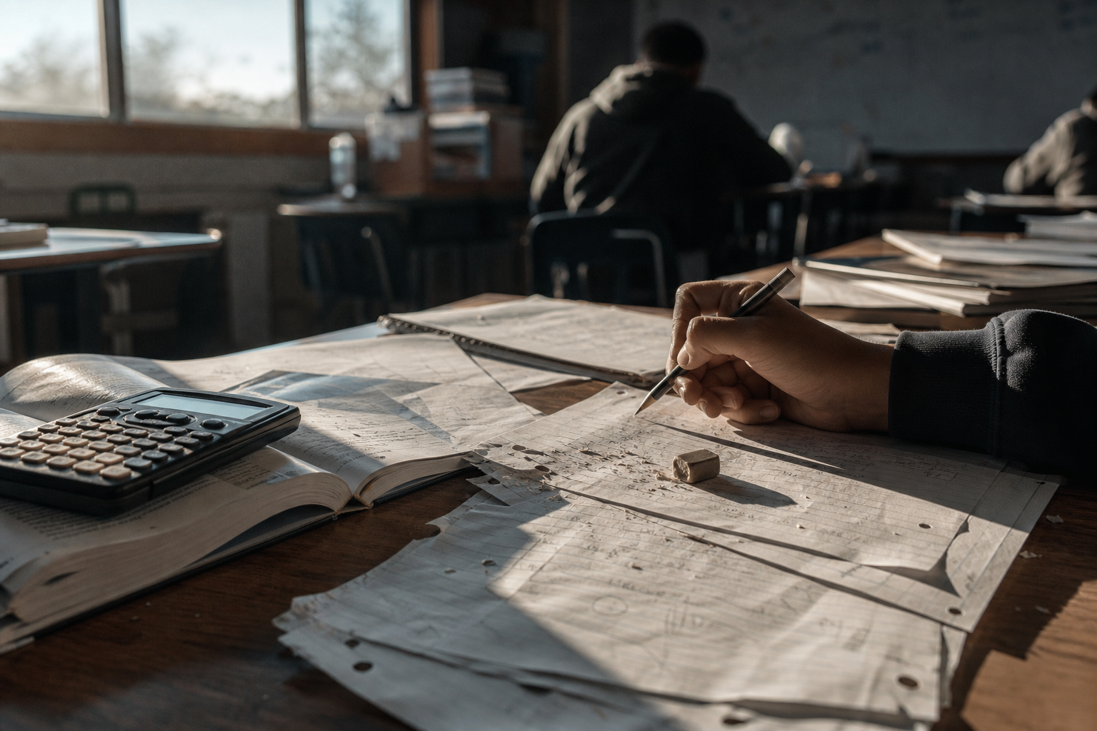 A high school math classroom after school, late afternoon sunlight slanting in through windows onto a wooden desk cluttered with worn notebooks, scattered sheets filled with faded pencil marks, and a single open textbook weighed down by a battered calculator. In the foreground, a student's tensed hand hovers mid-step over a collection of crumpled and flattened drafts, the edge of an eraser shaved almost to the paper. The camera sits at desk level, raking angle across the papers, shallow depth of field blurring all visible writing beyond recognition.