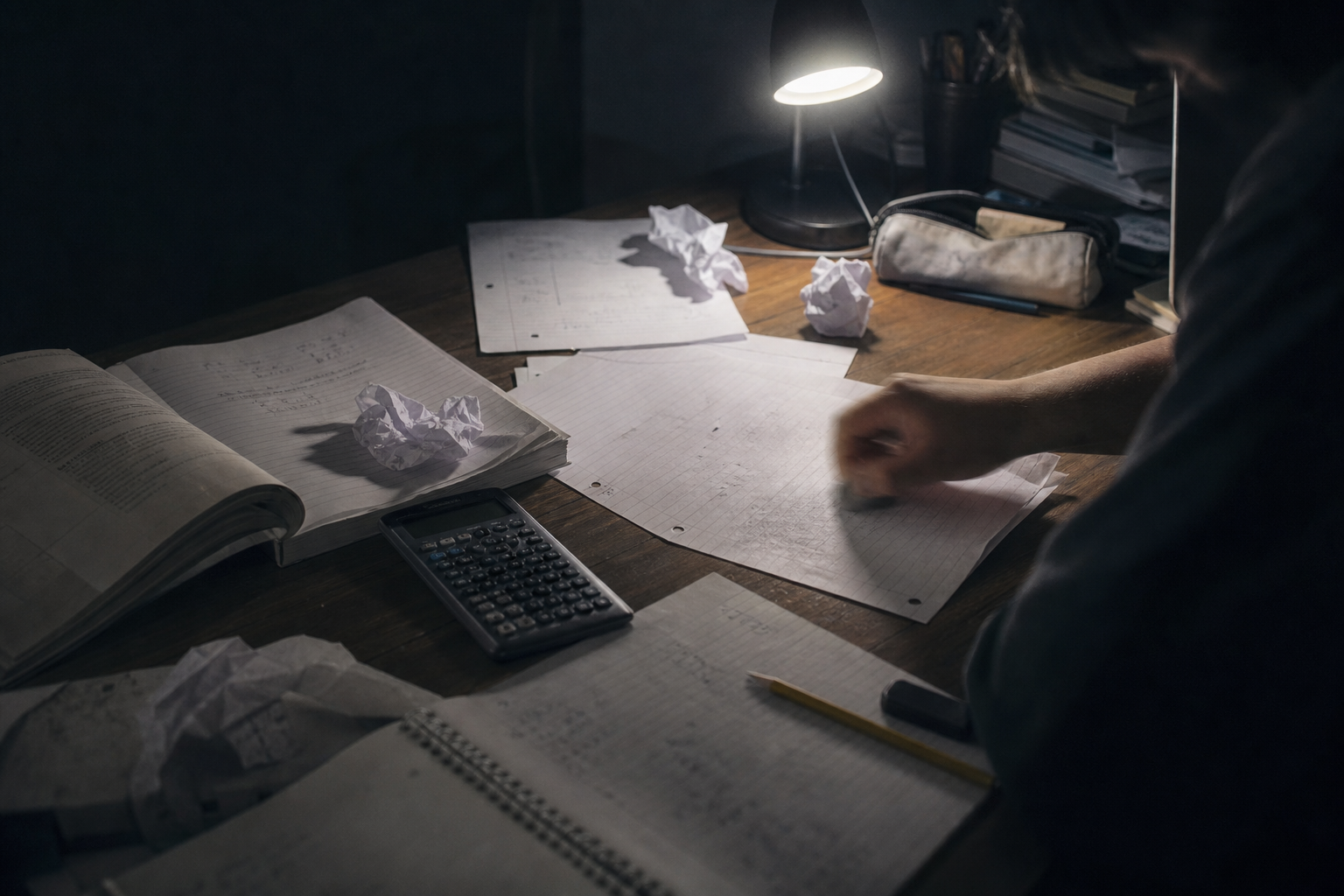 A small dorm-room desk under a single desk lamp, late at night, its light carving a pool on the cluttered wooden surface. Scattered on the desk are several pages of looseleaf, some crumpled or hastily crossed out, a calculator skewed on its side, and a math textbook splayed half-open, its corners worn. A student's hand, mid-motion and slightly out of focus, is caught erasing something vigorously from a wrinkled notebook page; their head and shoulders are bent beyond the upper frame edge, only their forearm visible. All text is blurred by a steep raking angle and the shadow of the student’s arm, so nothing is legible.