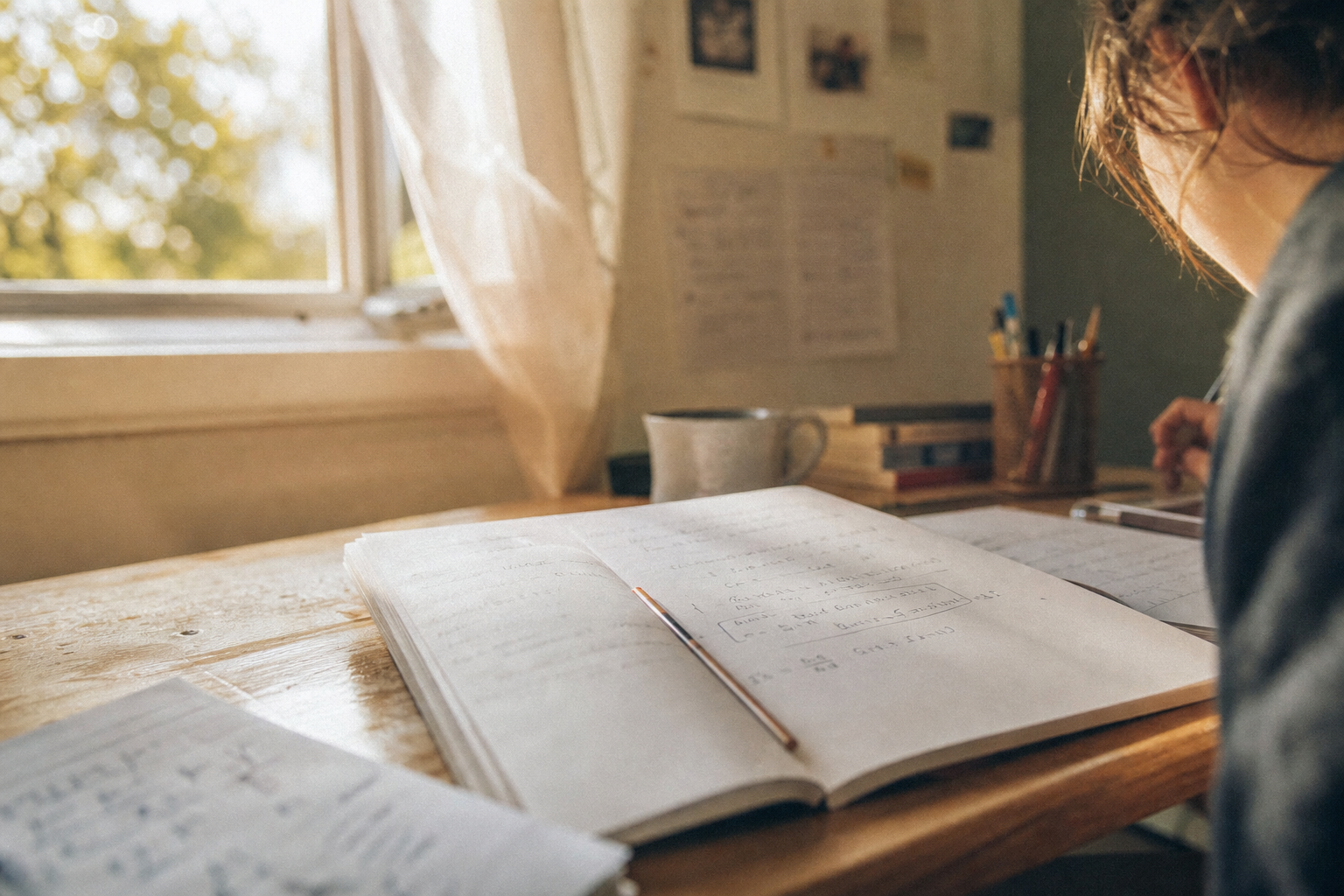 A bedroom desk beside an open window in the afternoon, curtain lifting. An open notebook shows working in which one expression is bracketed and annotated, with a second shorter line beneath it. A pencil rests in the gutter, a mug behind. Shot close at a low three-quarter angle with shallow depth of field, so the notation blurs into texture.