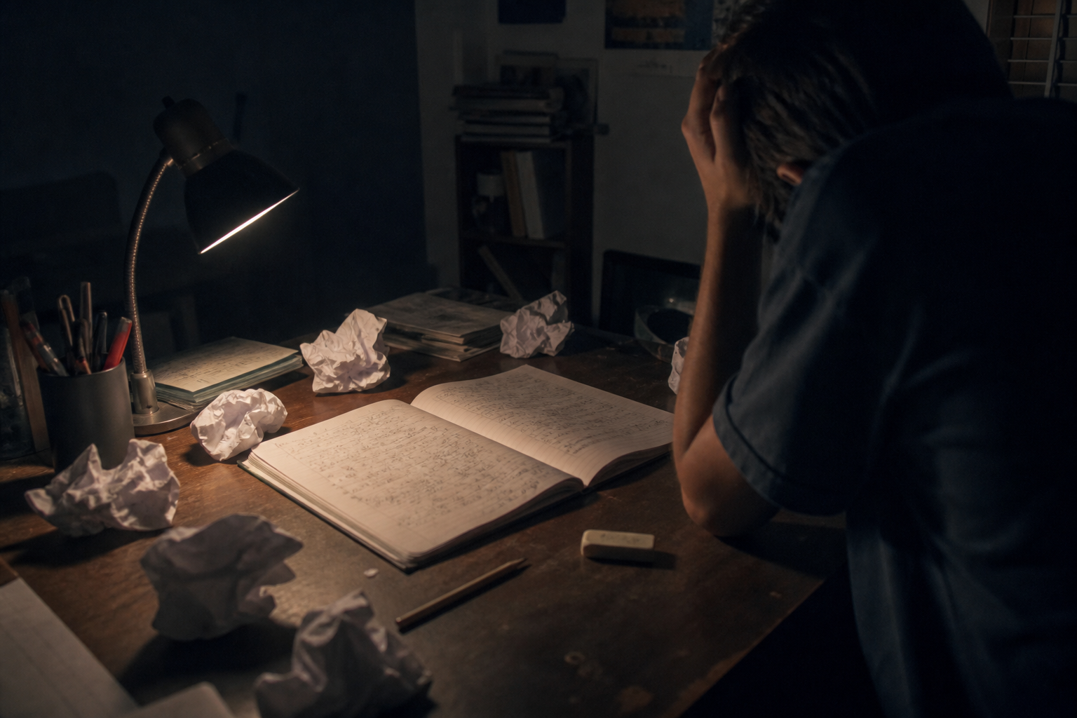 A student's bedroom late in the evening, lit by a single warm desk lamp; a well-used notebook sits open on a cluttered desk, with two adjacent pages visible—one page is marked with heavy eraser smudges and overlapping arithmetic scratchwork while the facing page bears a densely penciled, boxed answer. Crumpled paper balls are scattered near the edge, along with a worn eraser and a dull pencil. The student is just visible from the torso down, hunched, with one hand raking fingers through their hair and their face hidden behind a forearm. The writing on the visible notebook pages is unreadable due to a steep raking angle and deep shadow from the student’s arm.