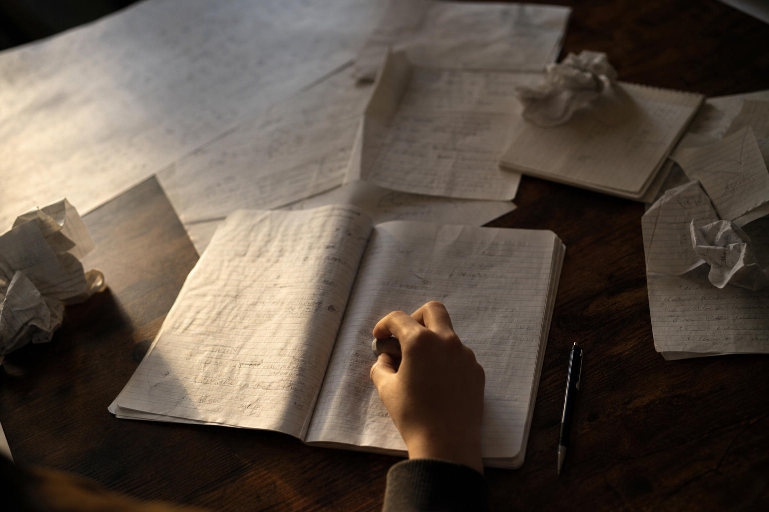 Late afternoon in a university study room with a northwest-facing window casting slanting soft light onto a cluttered wooden desk. A notebook lays open, pages slightly curled and worn at the edges, with multiple scribbled-out attempts and layers of erased marks visible but not legible. Nearby, a capped pen lies askew, and several loose sheets—some balled, others folded—are scattered around. In frame, a student's hand pauses, hovering in indecision above a half-erased section in the notebook (wrist and part of forearm visible, face not in frame). Writing across all papers is unreadable: achieved by shooting from directly overhead with the notebook and papers at a strong raking angle to the light, so lines blur into shadow and highlights, combined with moderate shallow depth of field (f/2.8).