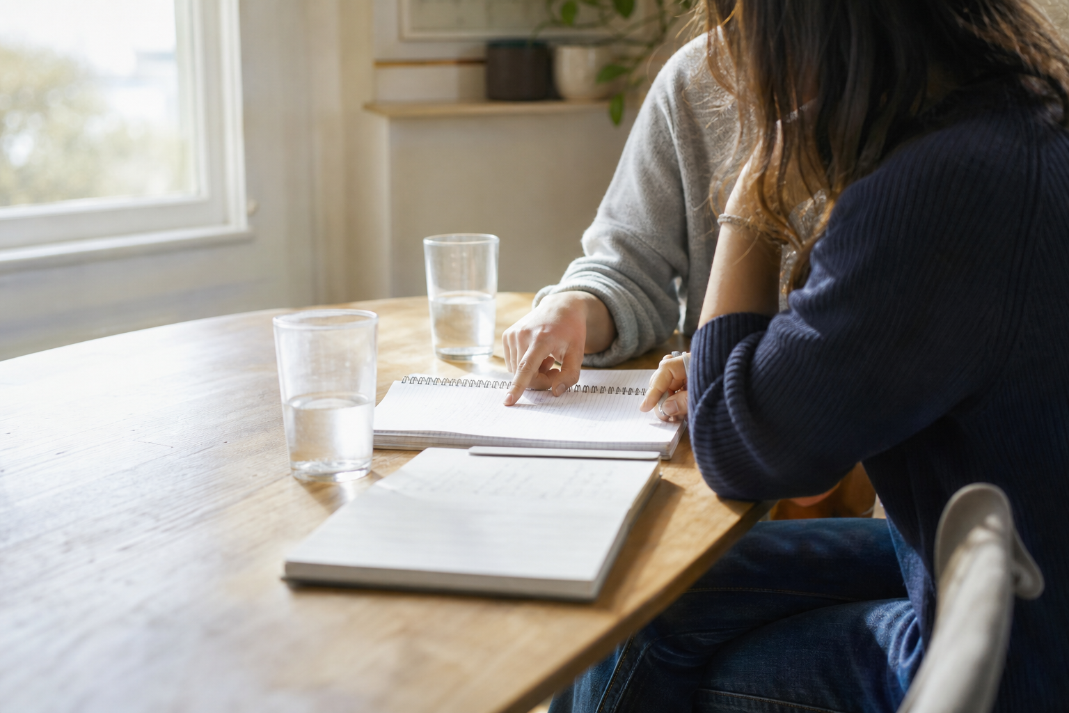 A shared kitchen table in the afternoon, two chairs pulled close. One student points at a line partway down an open notebook while the other looks at it, both seen from the side with faces out of frame. A second notebook and two glasses of water sit nearby. Warm light comes from a window to the right. Shot from the side at table height with shallow focus, so no writing resolves.