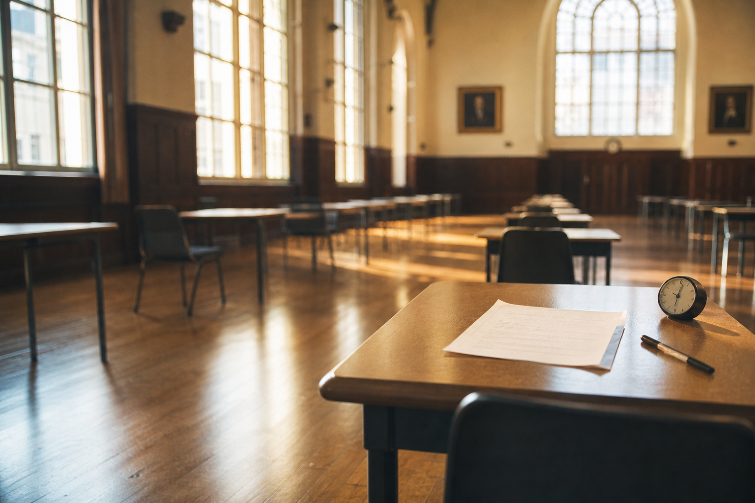 A school hall set out with rows of small separated desks, seen in bright late-morning daylight before anyone has arrived. On the nearest desk a paper lies squared up with a pen and a clock beside it. No people. Shot low along the row with a wide lens so the desks recede, the paper at a steep angle so nothing on it resolves.