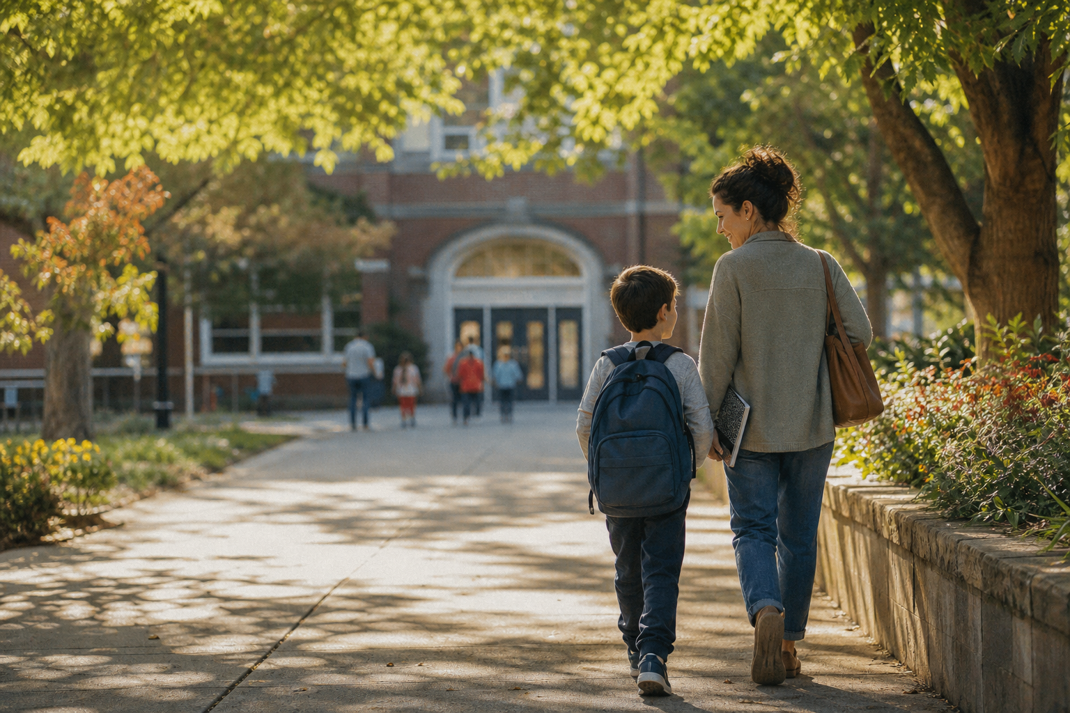 On a bright school morning, a child and parent finish an easy walk along a leafy path toward the school entrance, seen from behind and slightly to the side. The child carries an unbranded backpack; a closed, cared-for math notebook is tucked under the parent’s arm. Their pace and posture are relaxed. A medium-wide eye-level frame with a natural 50mm lens keeps all distant signs too far to resolve.